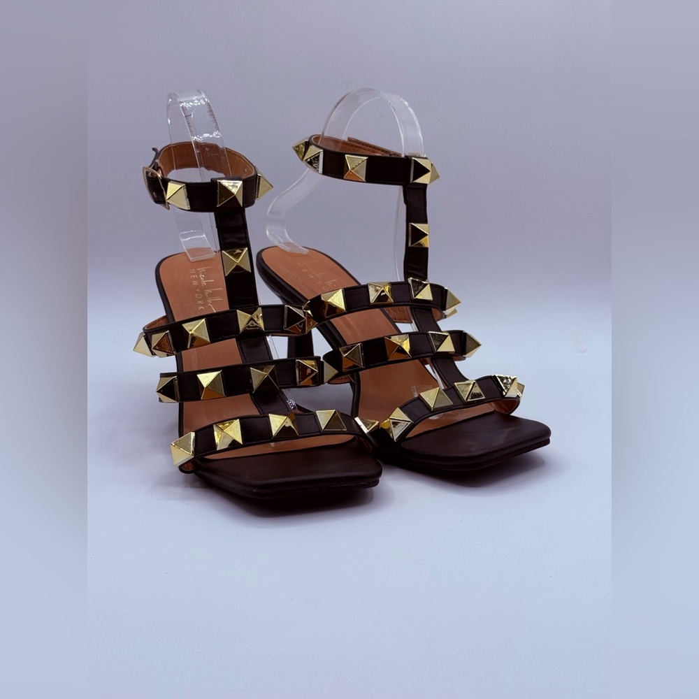 Nicole Miller NY Gold Studded Black Heeled Sandals – Ankle Strap Fashion Heels - Picture 16 of 16